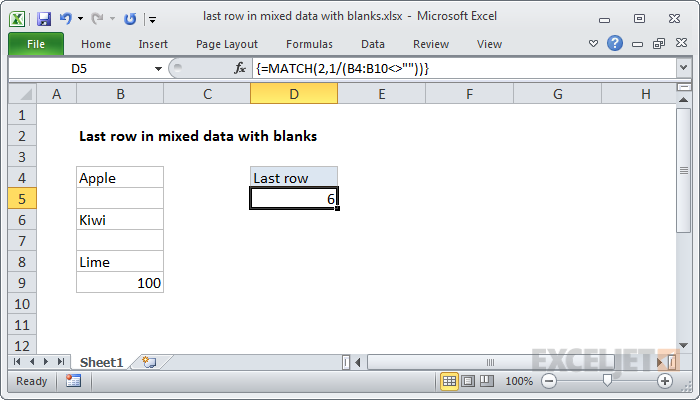 Excel formula: Last row in mixed data with blanks