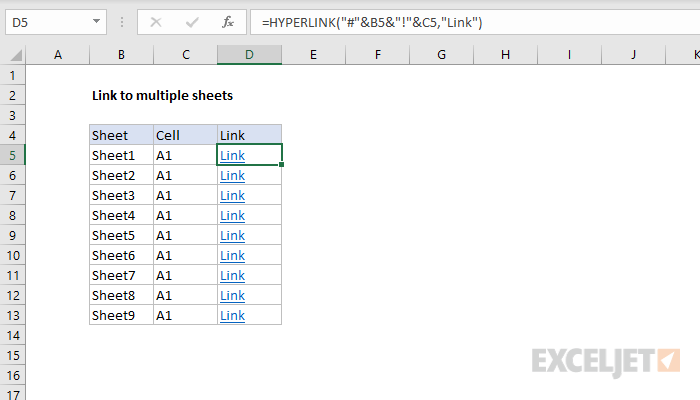 Excel formula: Link to multiple sheets