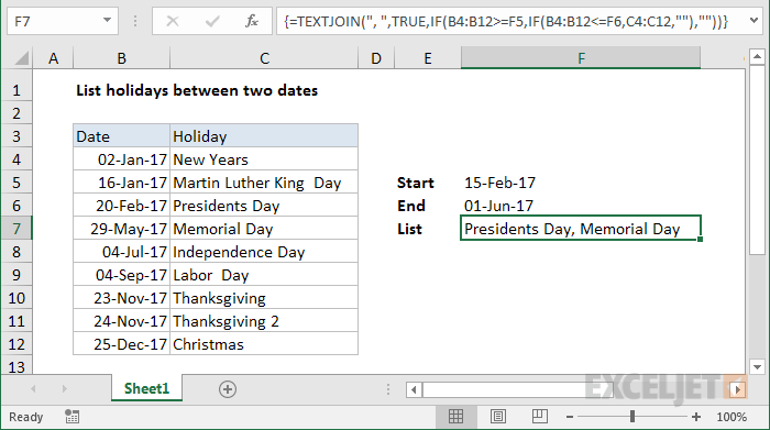 Excel formula: List holidays between two dates