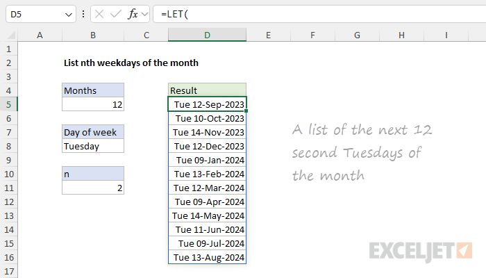 Excel formula: List nth weekdays of the month