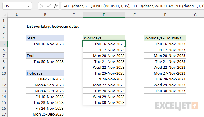 Excel formula: List workdays between dates