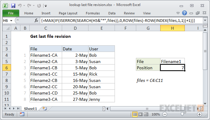 Excel formula: Lookup last file revision