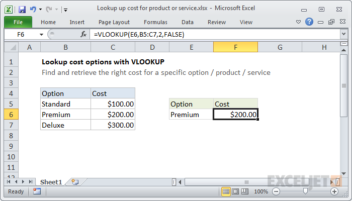 Excel formula: Lookup up cost for product or service