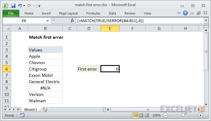 Excel formula: Match first error