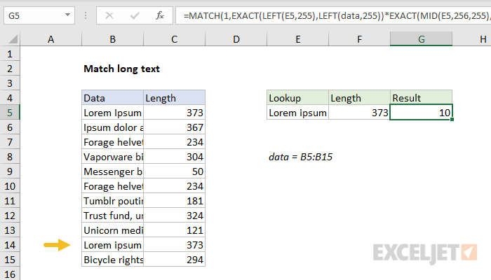 Excel formula: Match long text