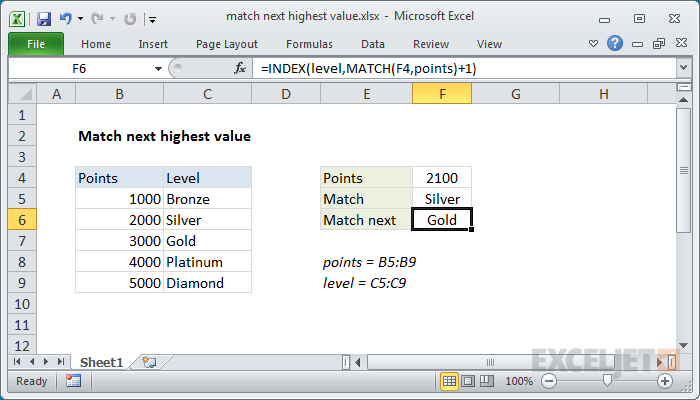 Excel formula: Match next highest value