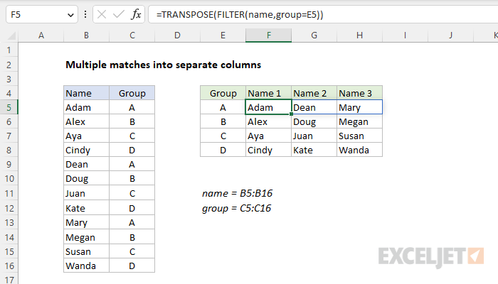 Excel formula: Multiple matches into separate columns