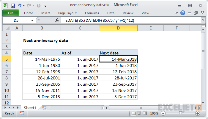 Excel formula: Next anniversary date