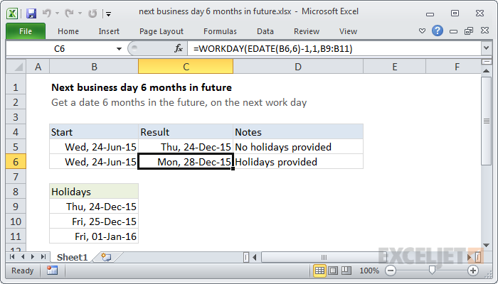 Excel formula: Next business day 6 months in future