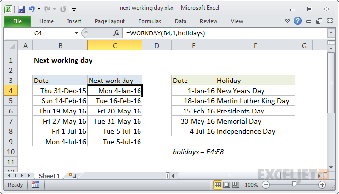 Excel formula: Next working day