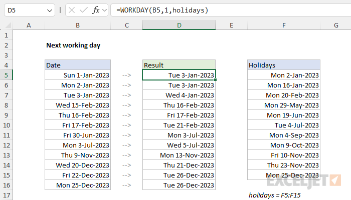 Excel formula: Next working day