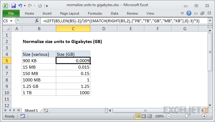 Excel formula: Normalize size units to Gigabytes