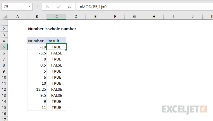 Excel formula: Number is whole number
