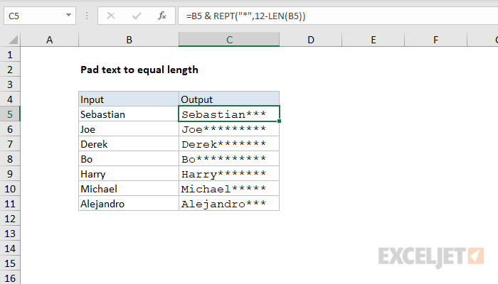 Excel formula: Pad text to equal length