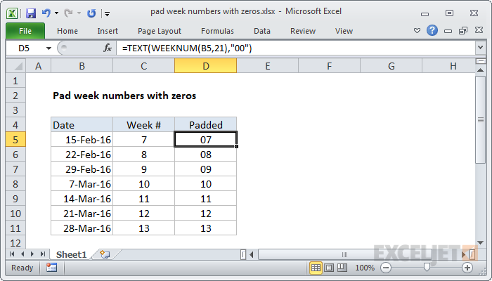 Excel formula: Pad week numbers with zeros