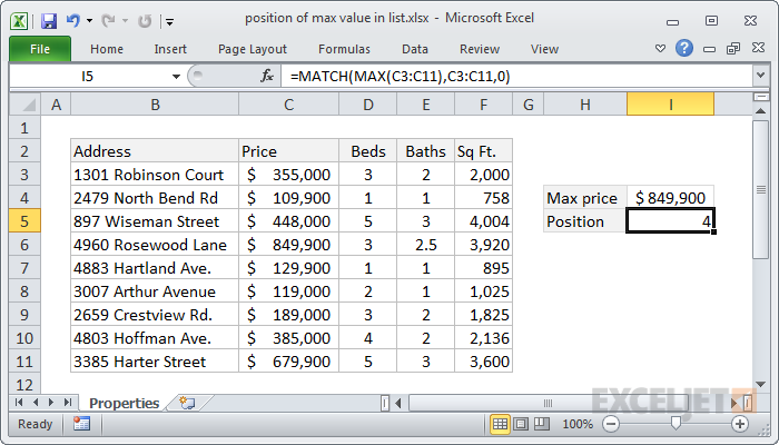 Excel formula: Position of max value in list