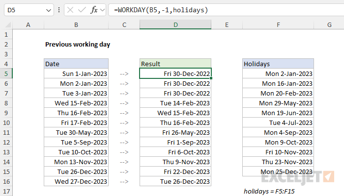 Excel formula: Previous working day