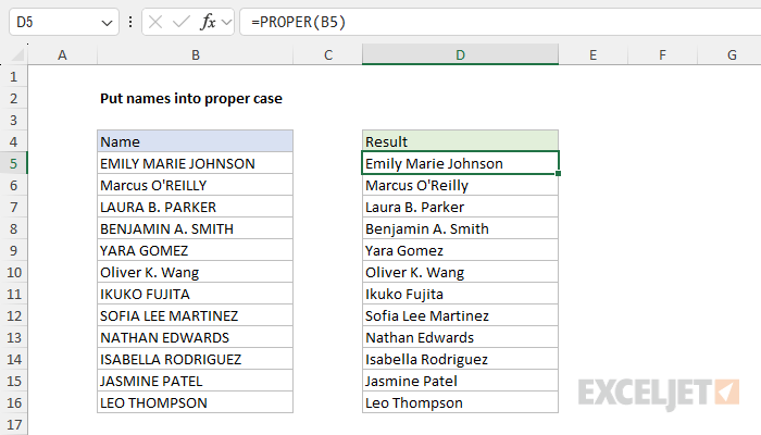 Excel formula: Put names into proper case