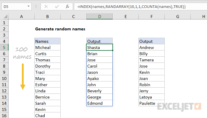 Excel formula: Random list of names