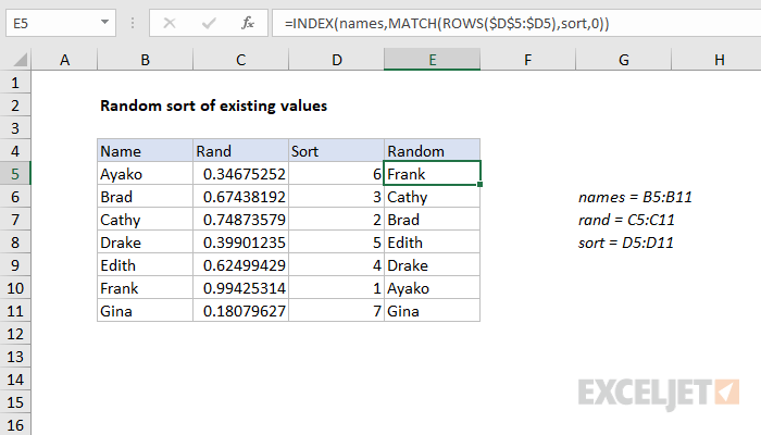 Excel formula: Random sort formula