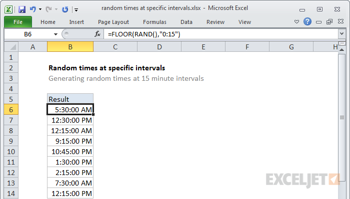 Excel formula: Random times at specific intervals