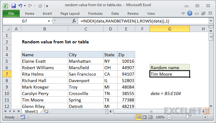Excel formula: Random value from list or table