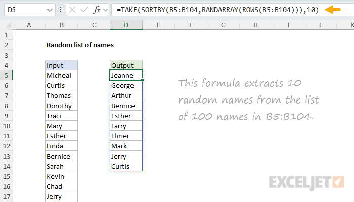 Excel formula: Random list of names
