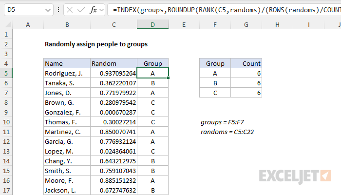 Excel formula: Randomly assign people to groups