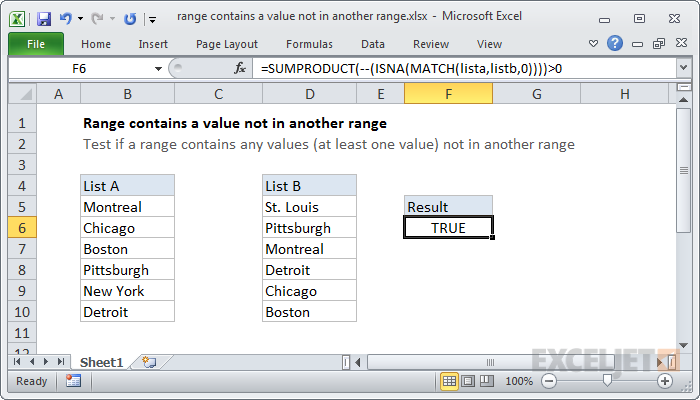Excel formula: Range contains a value not in another range