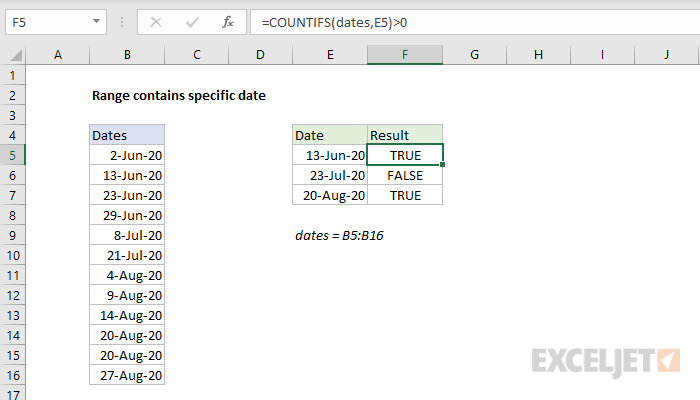 Excel formula: Range contains specific date