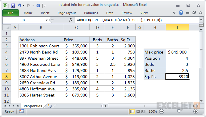 Excel formula: Get information corresponding to max value