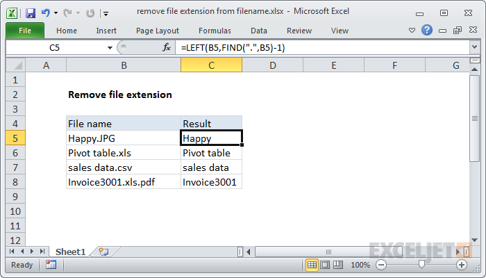 Excel formula: Remove file extension from filename