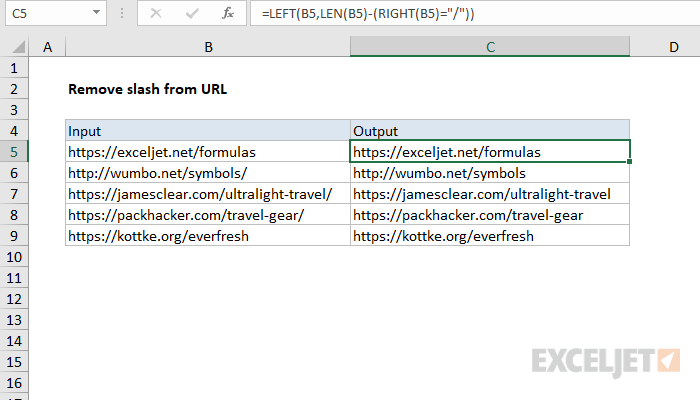 Excel formula: Remove trailing slash from url