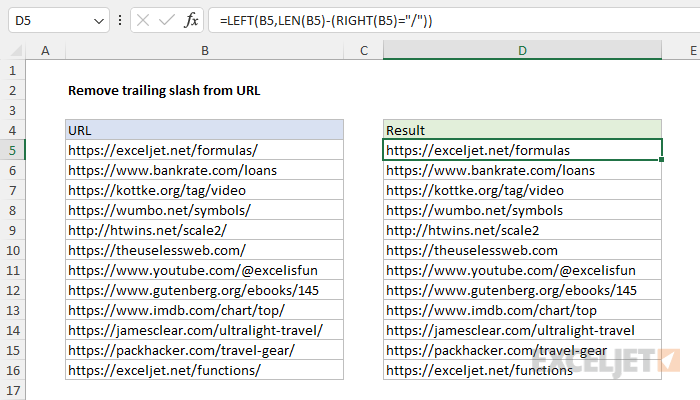 Excel formula: Remove trailing slash from url