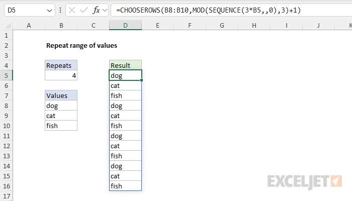 Excel formula: Repeat range of values