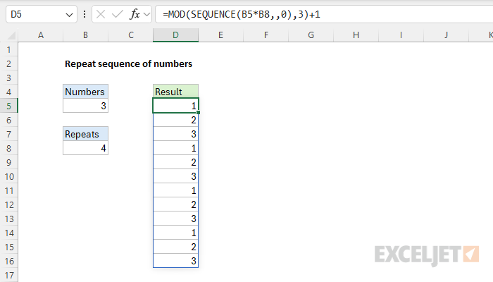 Excel formula: Repeat sequence of numbers