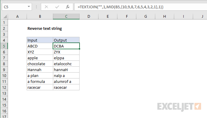 Excel formula: Reverse text string