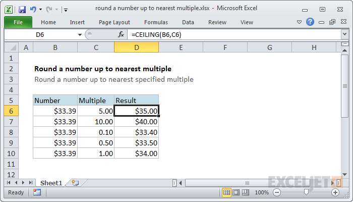 Excel formula: Round a number up to nearest multiple