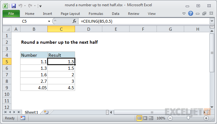 Excel formula: Round a number up to next half