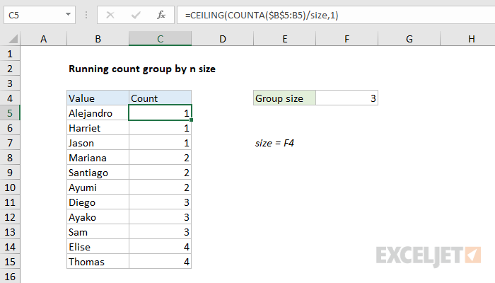 Excel formula: Running count group by n size