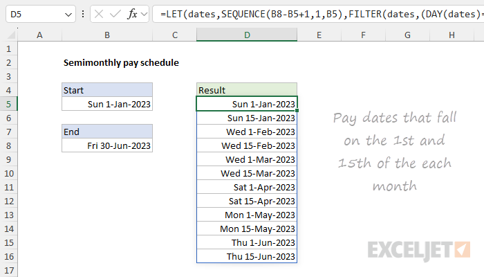 Excel formula: Semimonthly pay schedule