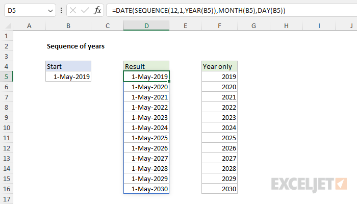 Excel formula: Sequence of years