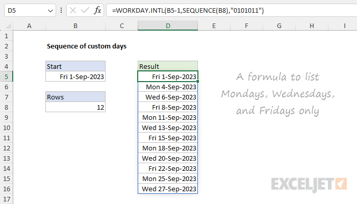 Excel formula: Sequence of custom days