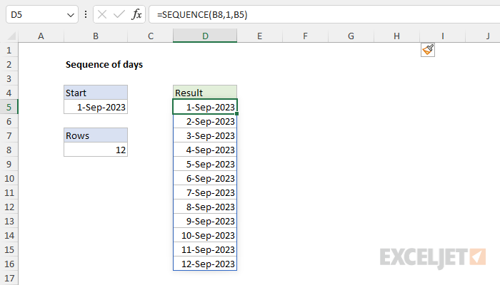 Excel formula: Sequence of days