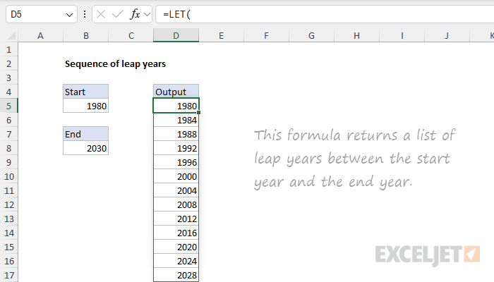 Excel formula: Sequence of leap years