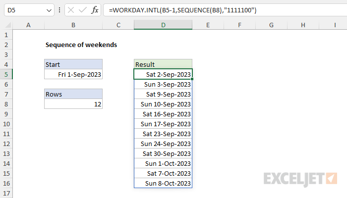 Excel formula: Sequence of weekends