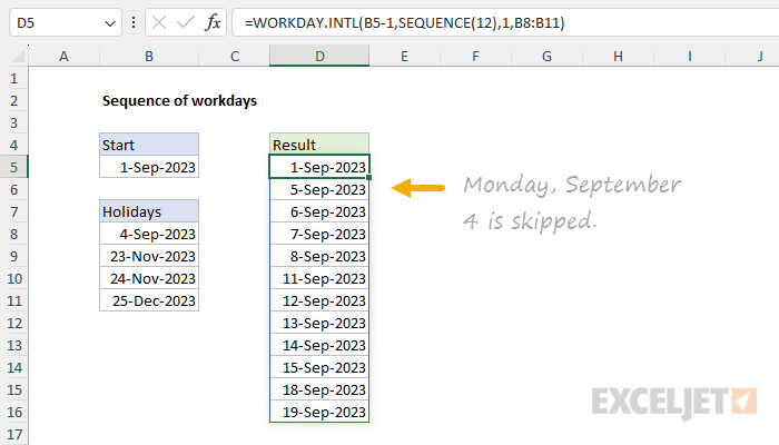 Excel formula: Sequence of workdays