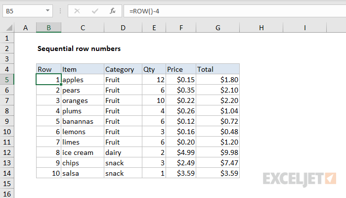 Excel formula: Sequential row numbers