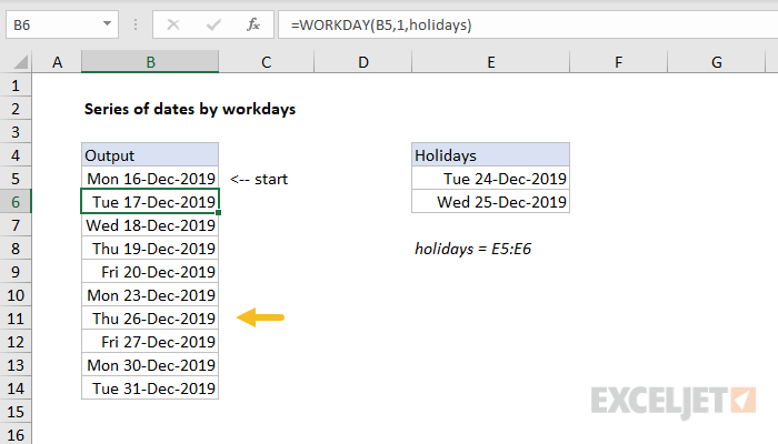 Excel formula: Series of dates by workdays