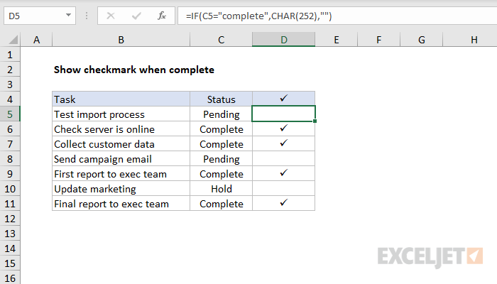 Excel formula: Show checkmark if complete